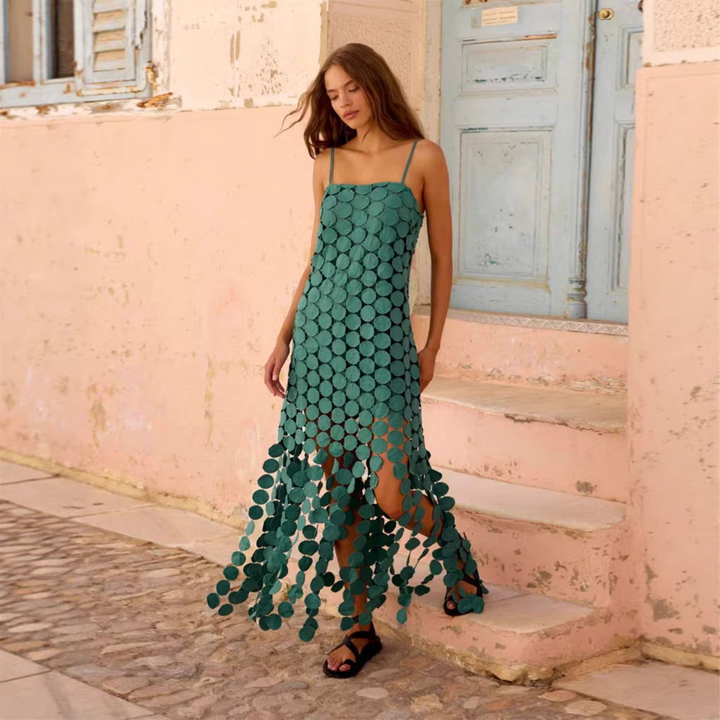Damen Maxikleid mit dekorativen Häkelapplikationen und seitlichen Schlitzen