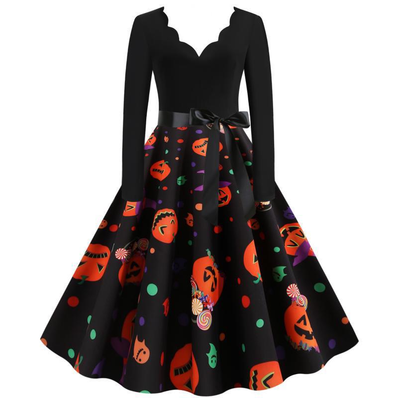 Damen Retro-Festliches Halloween-Kleid mit gewelltem Ausschnitt, taillierter Schnitt und weichem Tellerrock Shop Nory