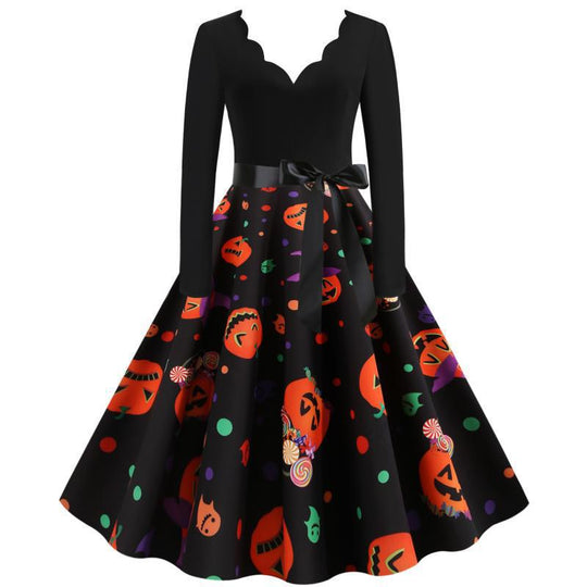 Damen Retro-Festliches Halloween-Kleid mit gewelltem Ausschnitt, taillierter Schnitt und weichem Tellerrock Shop Nory