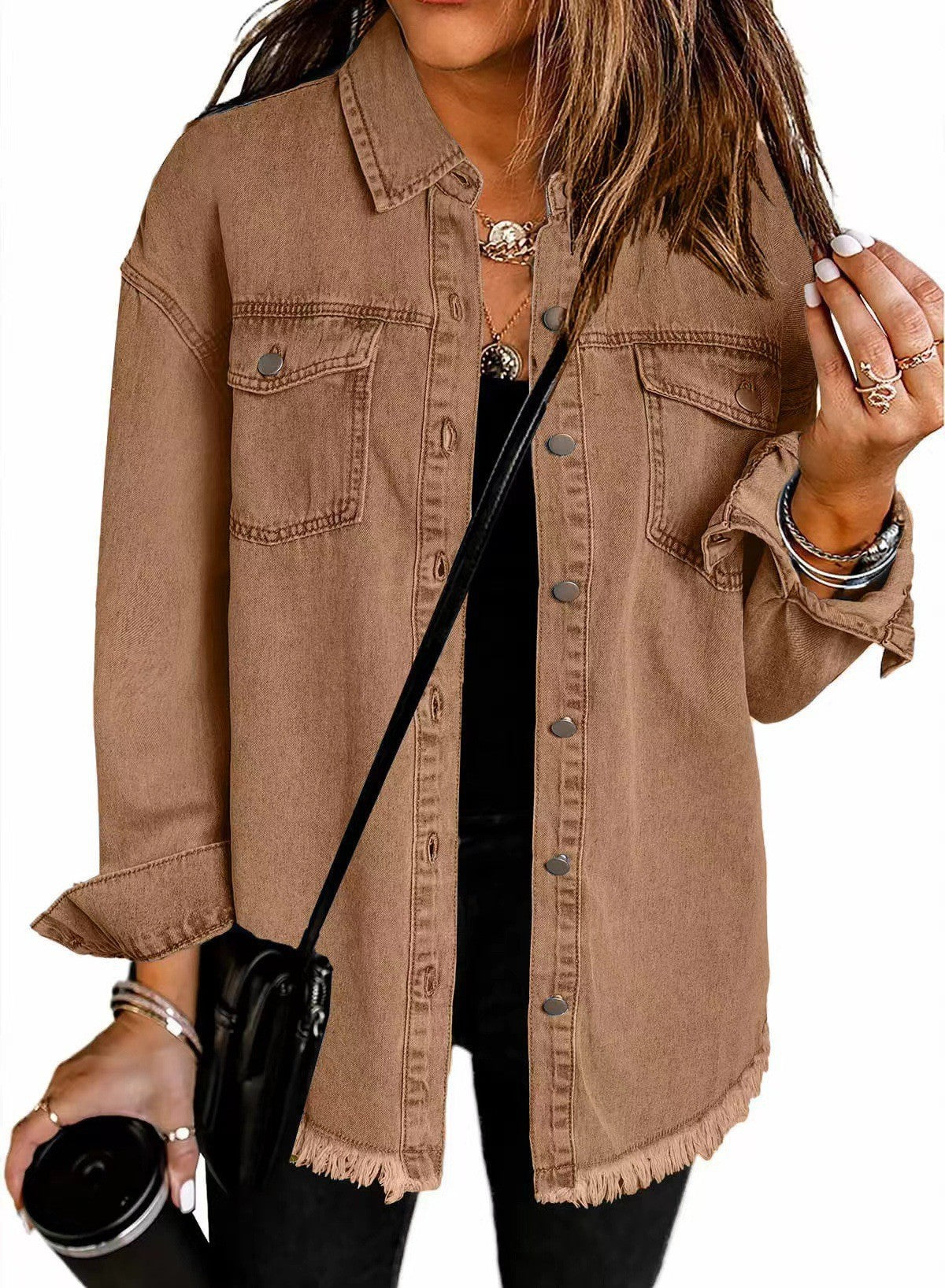 Damen Denim Overshirt mit fransigem Saum und Brusttaschen ShopNory