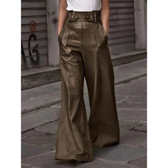 Damen weite High-Waist Palazzo-Hose aus Lederimitat mit Breitbund Shop Nory