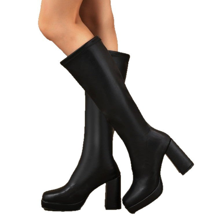 Damen Plateau-Kniestiefel mit klobigem Blockabsatz und Stretchschaft Shop Nory