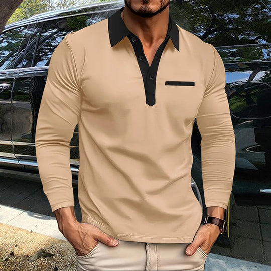 Herren nan stretchiges Langarm-Polo mit kontrastierter Knopfleiste und Brustblende Shop Nory