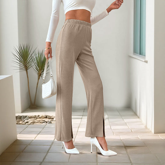 Damen Weiche gerippte Palazzo-Hose mit hohem Elastikbund und Saumschlitz Shop Nory