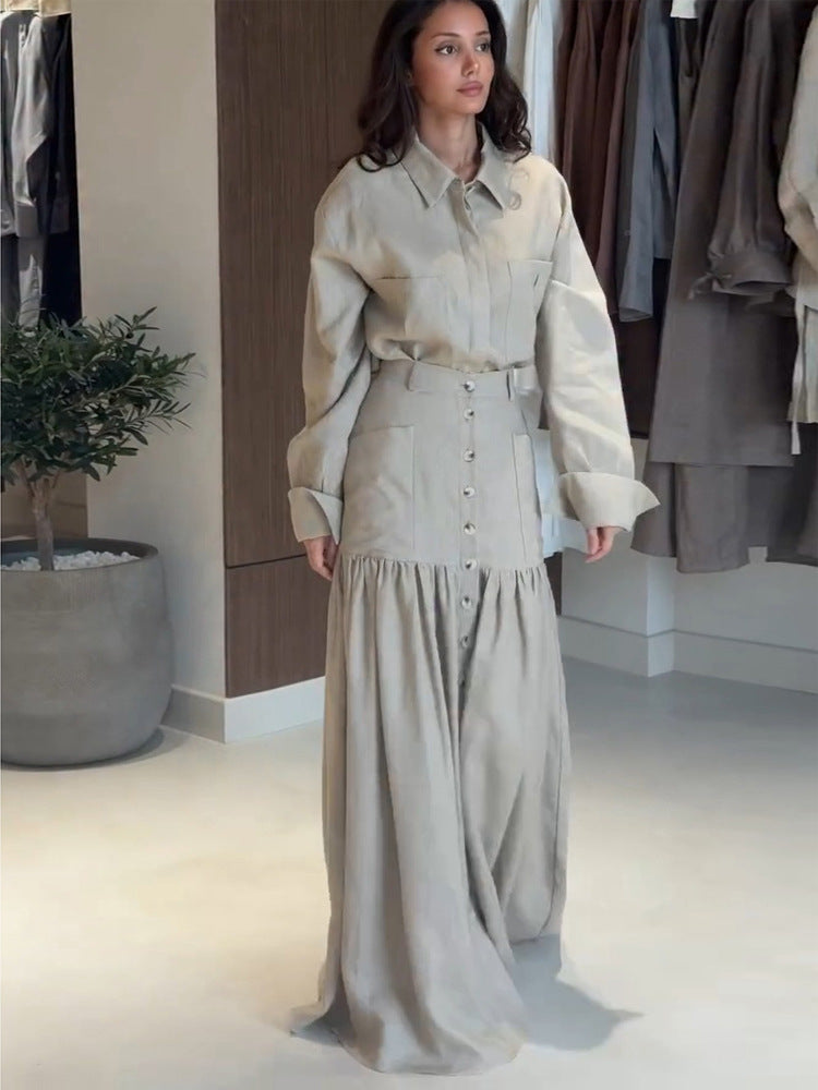 Damen Zweiteiliges Oversize-Hemd und Maxirock-Set mit hoher Taille & durchgehender Knopfleiste Shop Nory