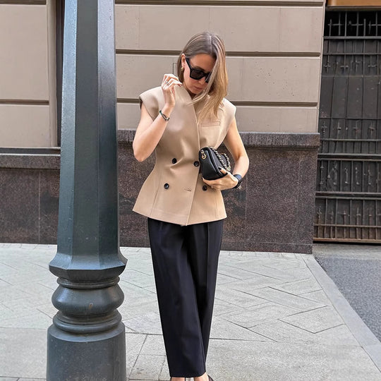 Damen Ärmellose taillierte Blazer-Weste mit doppelter Knopfleiste & strukturierter Schulterpartie Shop Nory