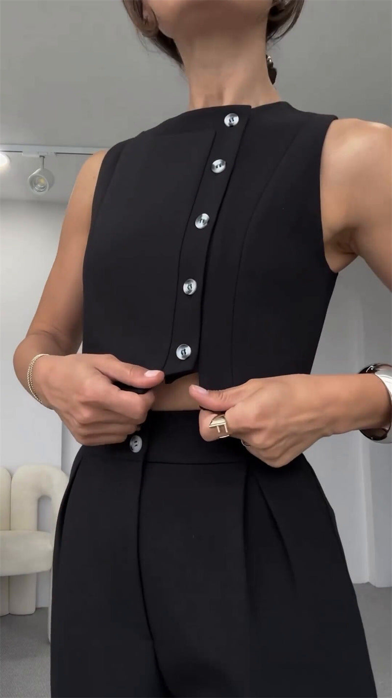Ärmelloses Knopf Down Weste Top Hochtaillierte Gekürzte Hose Zwei Teile Satz