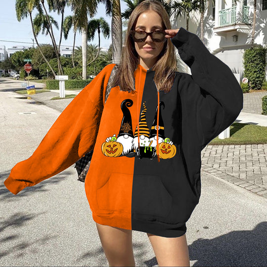 Damen nan Oversize Kapuzenpullover mit geteilter Block‑Optik und Halloween‑Wichtelprint Shop Nory