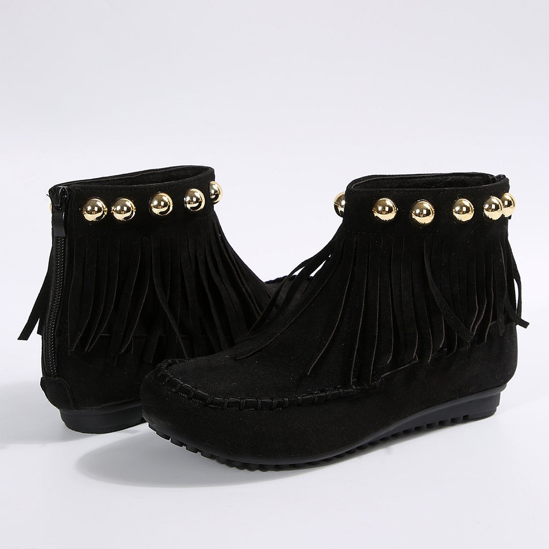 Damen Fransen-Mokassin-Stiefelette mit Ziernieten und Rückenreißverschluss Shop Nory
