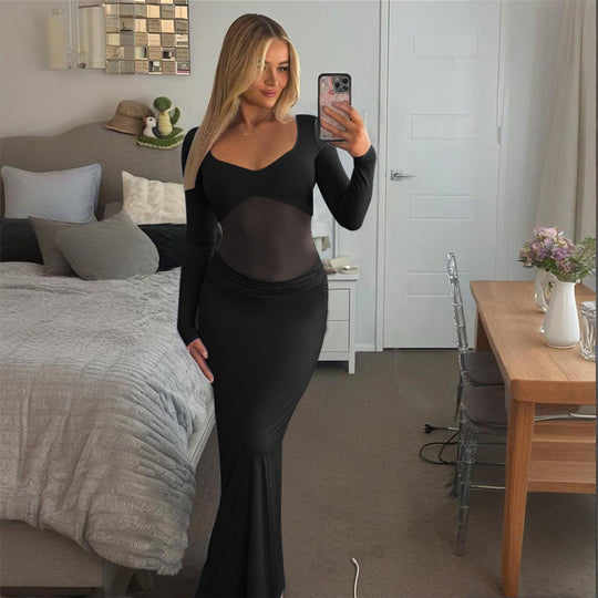 Damen Figurbetontes Maxikleid mit transparenten Mesh-Einsätzen und tailliertem Stretchrock Shop Nory