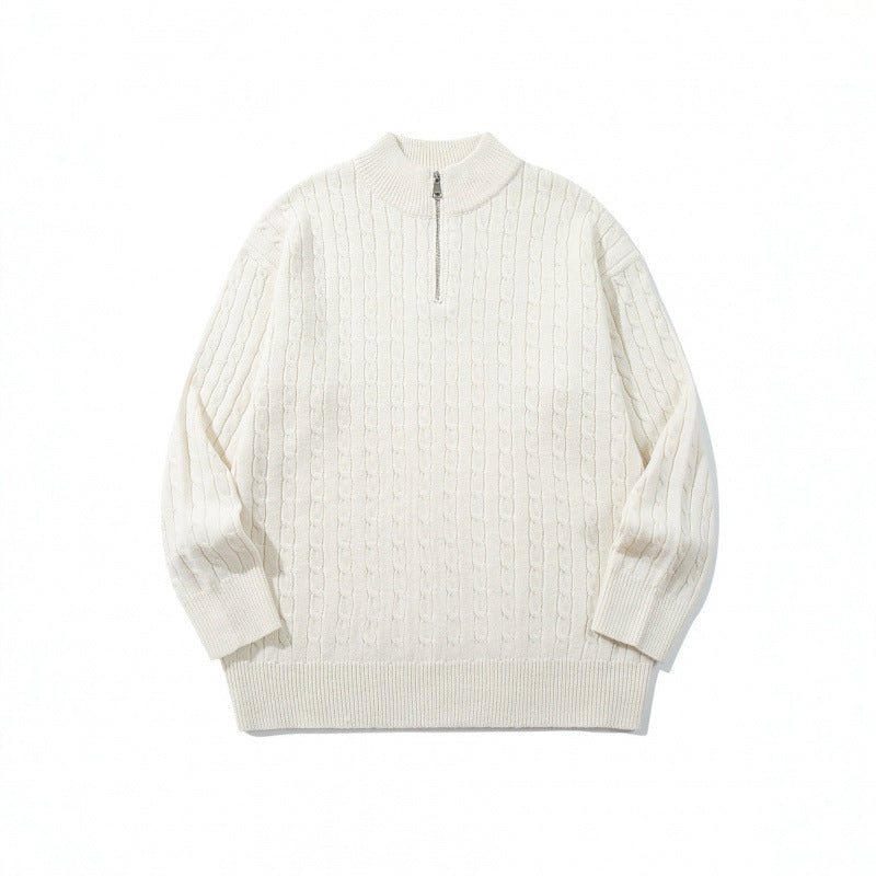 Unisex Oversize Zopfstrick-Halbzippullover mit kurzem Stehkragen und breitem Rippbund Shop Nory