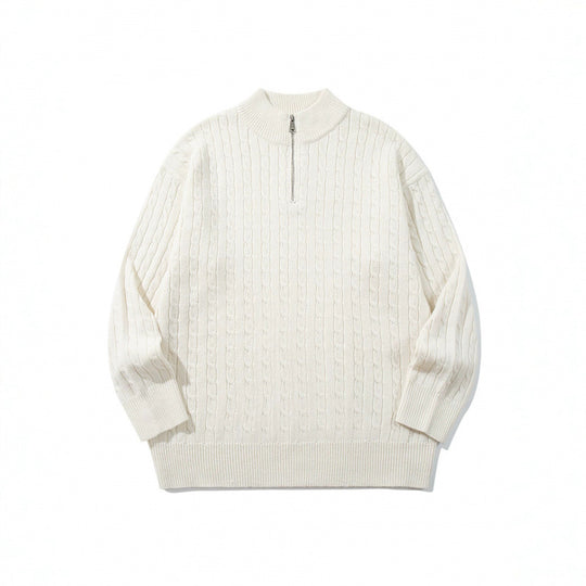 Unisex Oversize Zopfstrick-Halbzippullover mit kurzem Stehkragen und breitem Rippbund Shop Nory