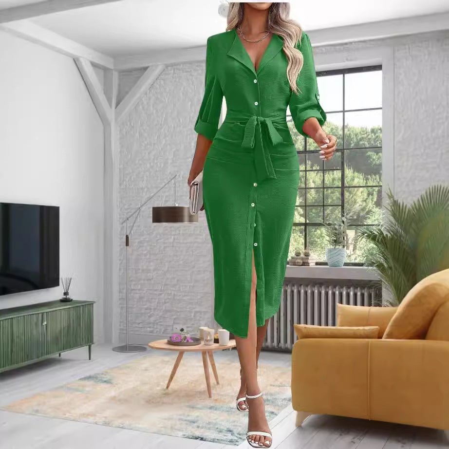 Damen Knielanges Hemdblusenkleid mit Taillengürtel
