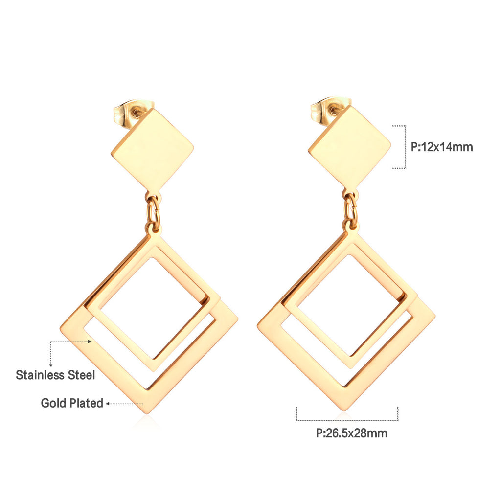Damen Ohrringe mit elegantem, doppellagigem Rechteckdesign aus Edelstahl und goldplattierter Oberfläche Shop Nory