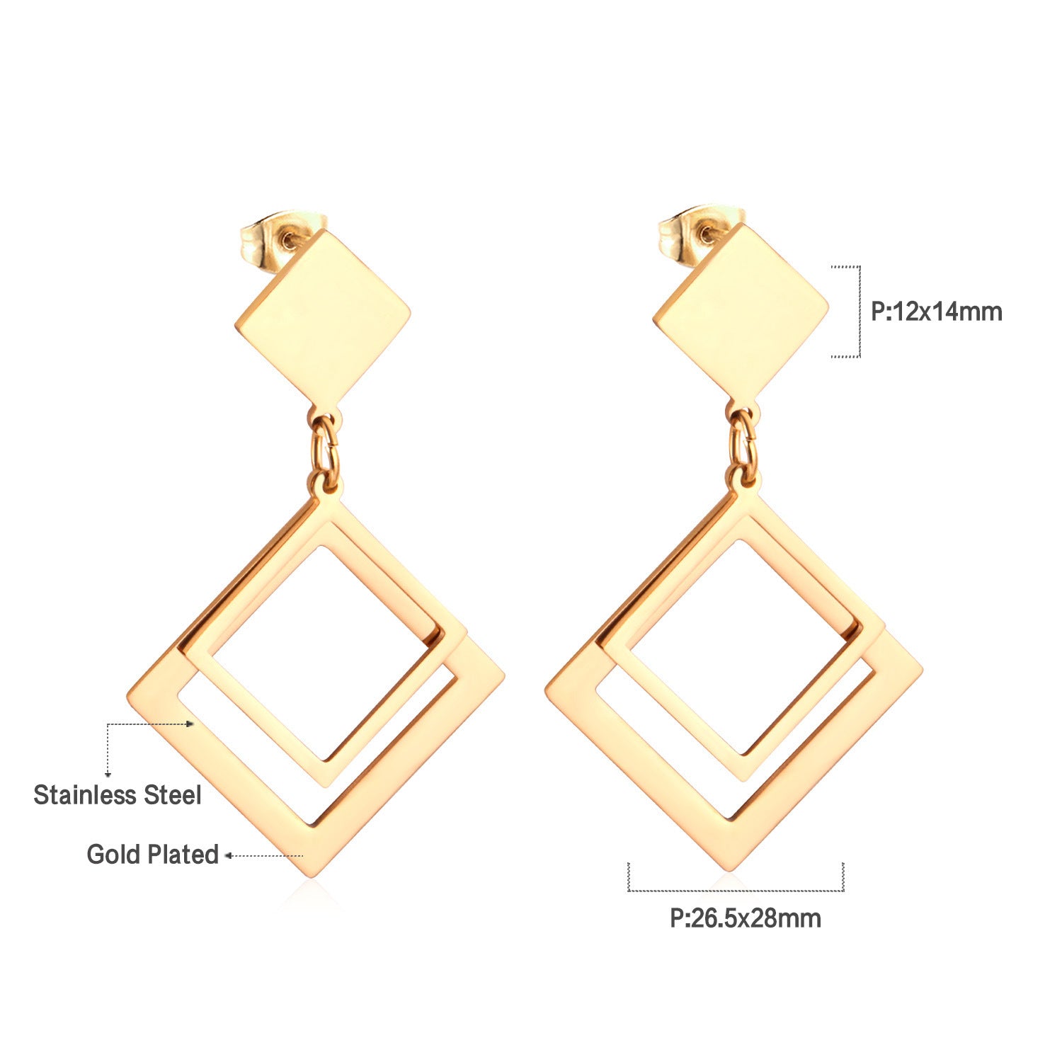 Damen Ohrringe mit elegantem, doppellagigem Rechteckdesign aus Edelstahl und goldplattierter Oberfläche Shop Nory