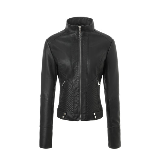 Damen Schlanke Echtlederjacke mit Stehkragen, Stepppaneelen und Reißverschluss Shop Nory