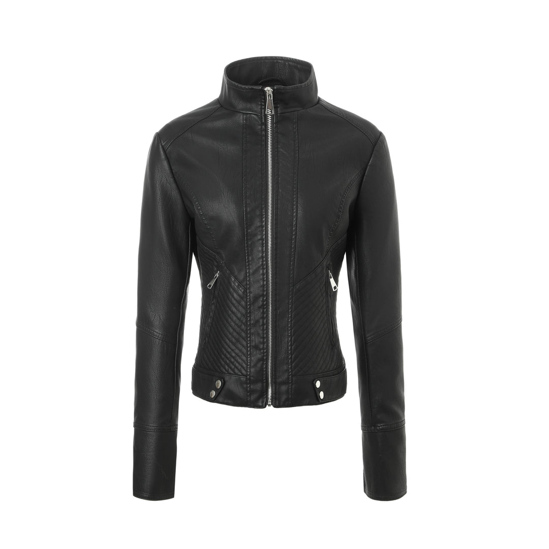 Damen Taillierte Lederjacke mit Stehkragen und Stepp-Panels Shop Nory