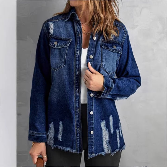 Damen Oversize-Denim-Hemdjacke mit Distressed‑Details und fransigem Saum Shop Nory