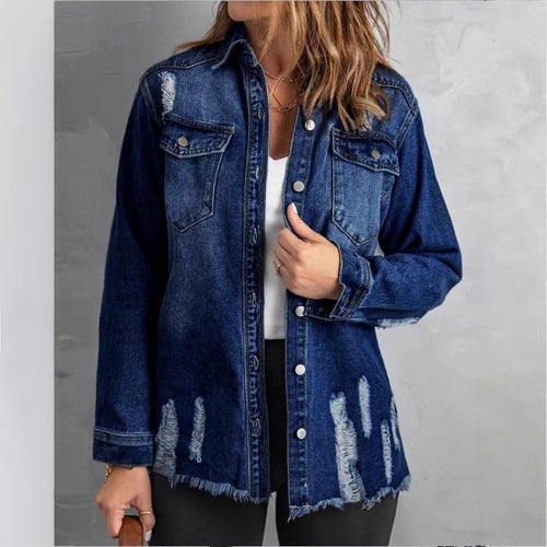 Damen Oversize-Denim-Hemdjacke mit Distressed‑Details und fransigem Saum Shop Nory