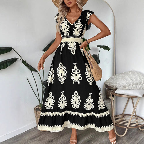 Damen Boho-Langkleid mit V‑Ausschnitt, tailliertem Stretch-Bund und kontrastierendem Ornamentdruck Shop Nory