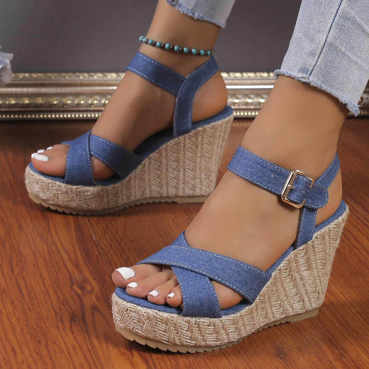 Damen Wedge-Sandaletten mit geflochtenem Jute-Detail und rutschfester Sohle