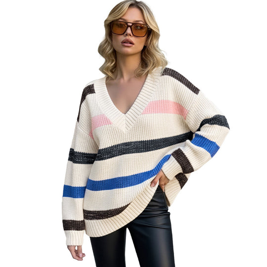 Damen Modischer Strickpullover mit V-Ausschnitt und Querstreifen Shop Nory