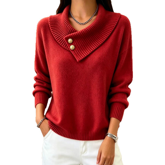 Damen Feinstrick-Pullover mit überlappendem Schalkragen und Zierknöpfen Shop Nory