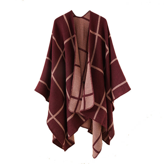 Damen Offener Wollmix-Poncho im Cape‑Stil mit dezentem Karomuster Shop Nory