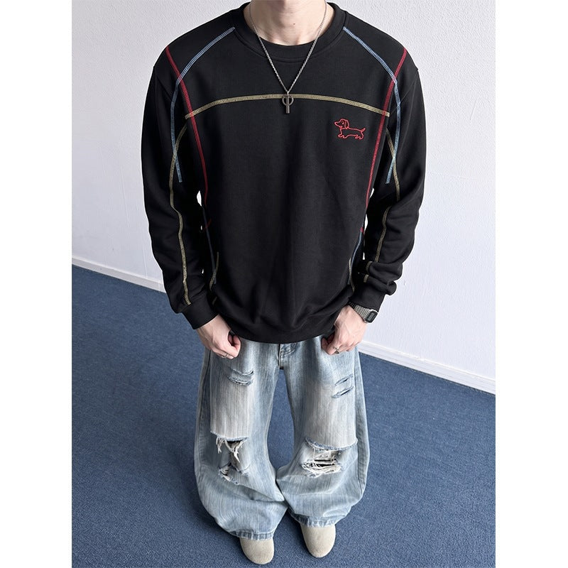 Herren Sweatshirt mit farbiger Ziernaht, gesticktem Hundemotiv und Rundhalsausschnitt Shop Nory