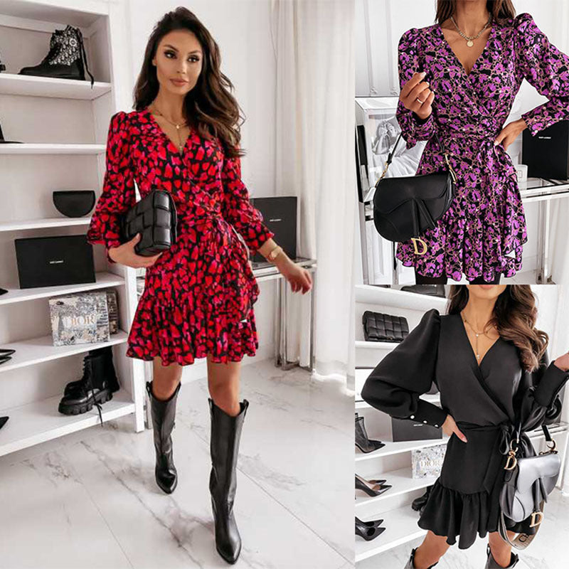 Damen Wickel‑Minikleid mit Balloonärmeln, Taillengürtel & Ziermanschetten Shop Nory