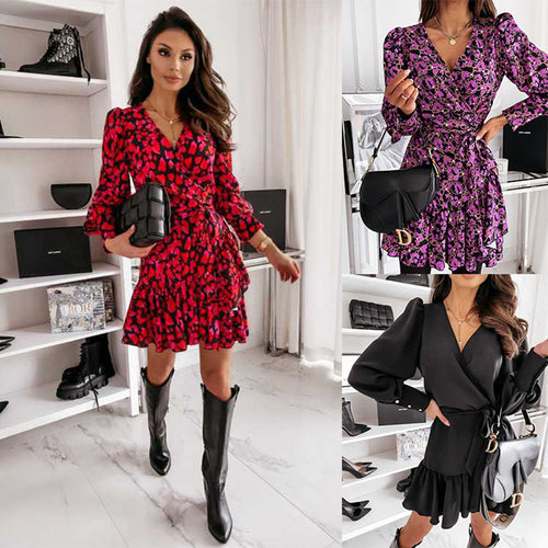 Damen Wickel‑Minikleid mit Balloonärmeln, Taillengürtel & Ziermanschetten Shop Nory