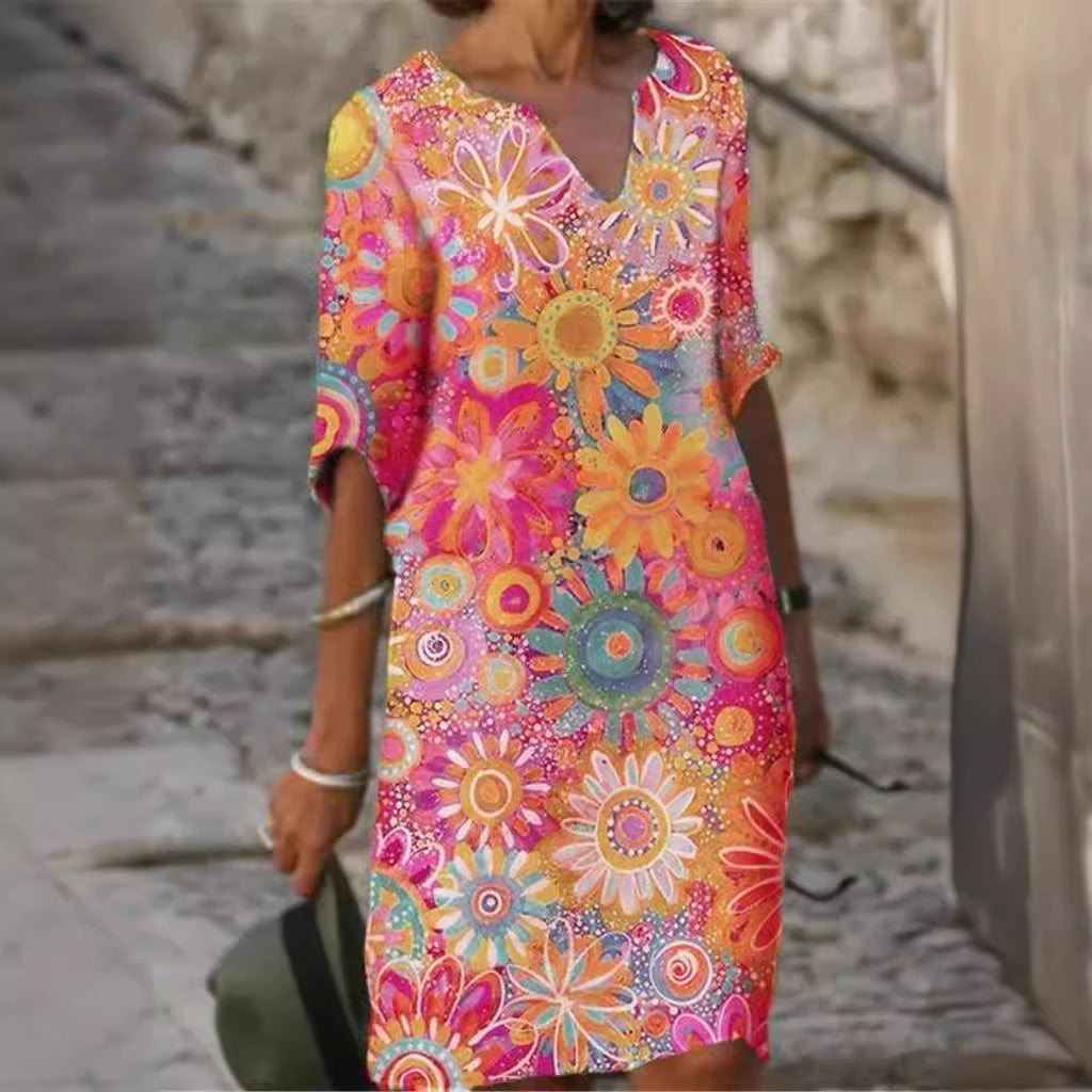 Damen lässiges Freizeitkleid mit floralen Mustern und V-Ausschnitt Shopnory