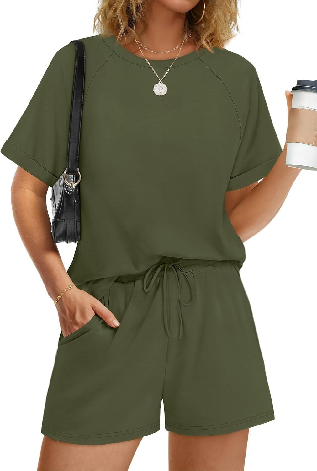 Damen lässiger Kombi aus T-Shirt und Shorts mit elastischem Bund
