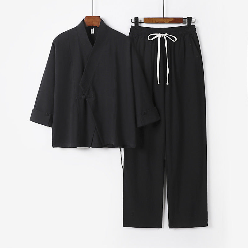 Unisex Leichtes Zen-Lounge-Set im Kimono-Stil mit überschnittener Schulter verdeckter Knotenleiste und elastischer Tunnelzughose Shop Nory