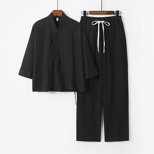 Unisex Leichtes Zen-Lounge-Set im Kimono-Stil mit überschnittener Schulter verdeckter Knotenleiste und elastischer Tunnelzughose Shop Nory