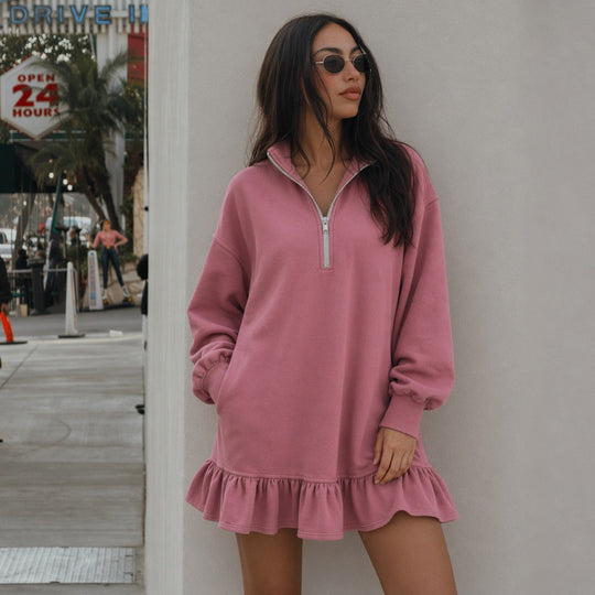 Damen Oversize-Sweatkleid mit halbem Reißverschluss, Ballonärmeln, seitlichen Eingrifftaschen und Volant-Saum Shop Nory