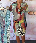 Damen nan locker fallendes V-Ausschnitt Jerseykleid mit abstraktem Wellenprint und knielangem Schnitt