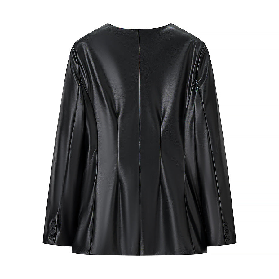 Damen Figurnaher Blazerjacke in Lederoptik mit Single‑Button und konturierenden Abnähern Shop Nory