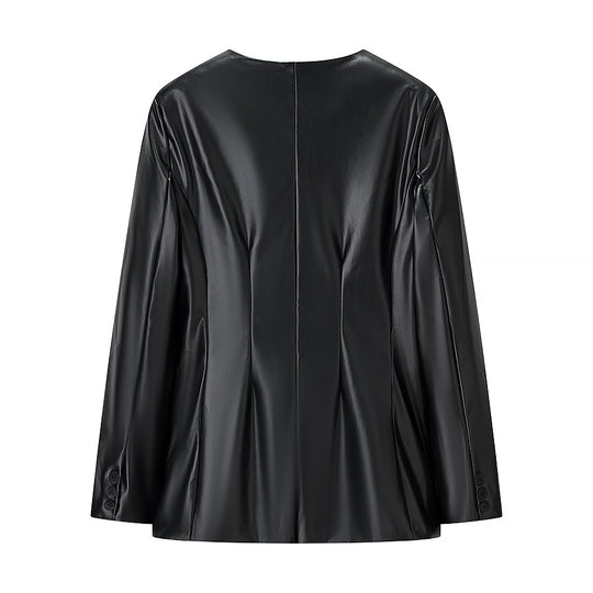 Damen Figurnaher Blazerjacke in Lederoptik mit Single‑Button und konturierenden Abnähern Shop Nory