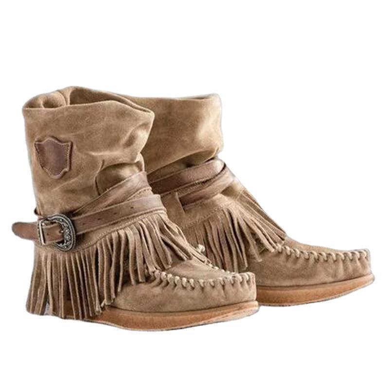 Damen Mokassin-Stiefel mit fransigen Details und modischer Schnalle