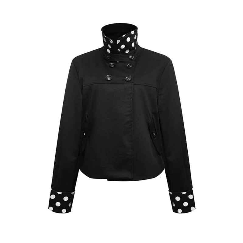 Damen Kurze Double-Breasted Jacke mit Stehkragen und Polka‑Dot-Futter Shop Nory