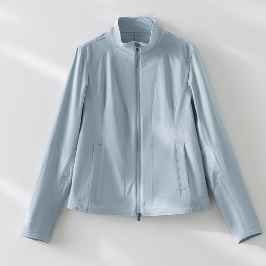 Damen schlichte taillierte Lederjacke mit Stehkragen und Zwei-Wege-Reißverschluss Shop Nory