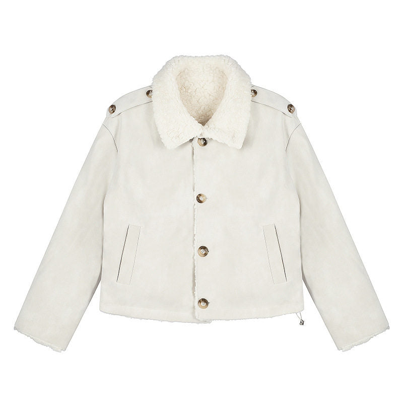 Damen Kurzgeschnittene Lammfell‑Optik Fliegerjacke mit Teddyfutter und Reverskragen Shop Nory