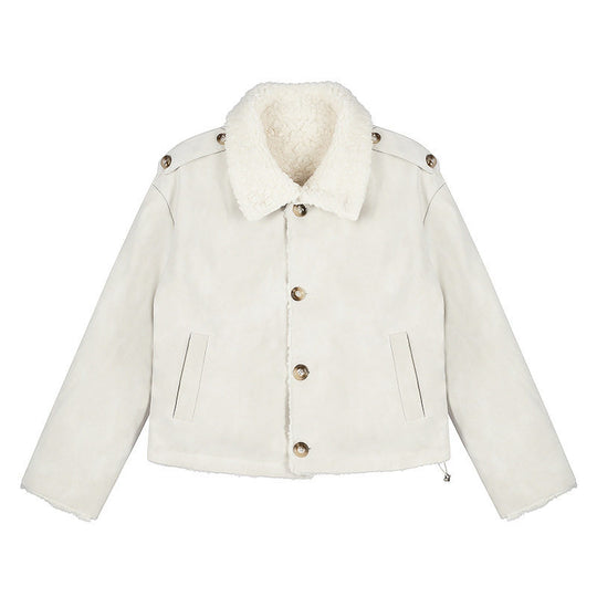 Damen Kurzgeschnittene Lammfell‑Optik Fliegerjacke mit Teddyfutter und Reverskragen Shop Nory
