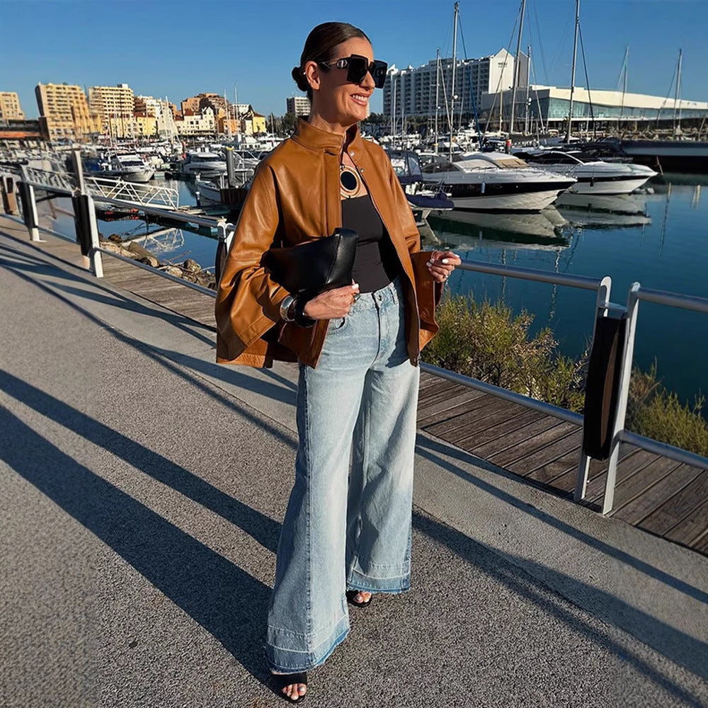 Damen Cape-Ärmige Lederjacke mit Stehkragen Shop Nory
