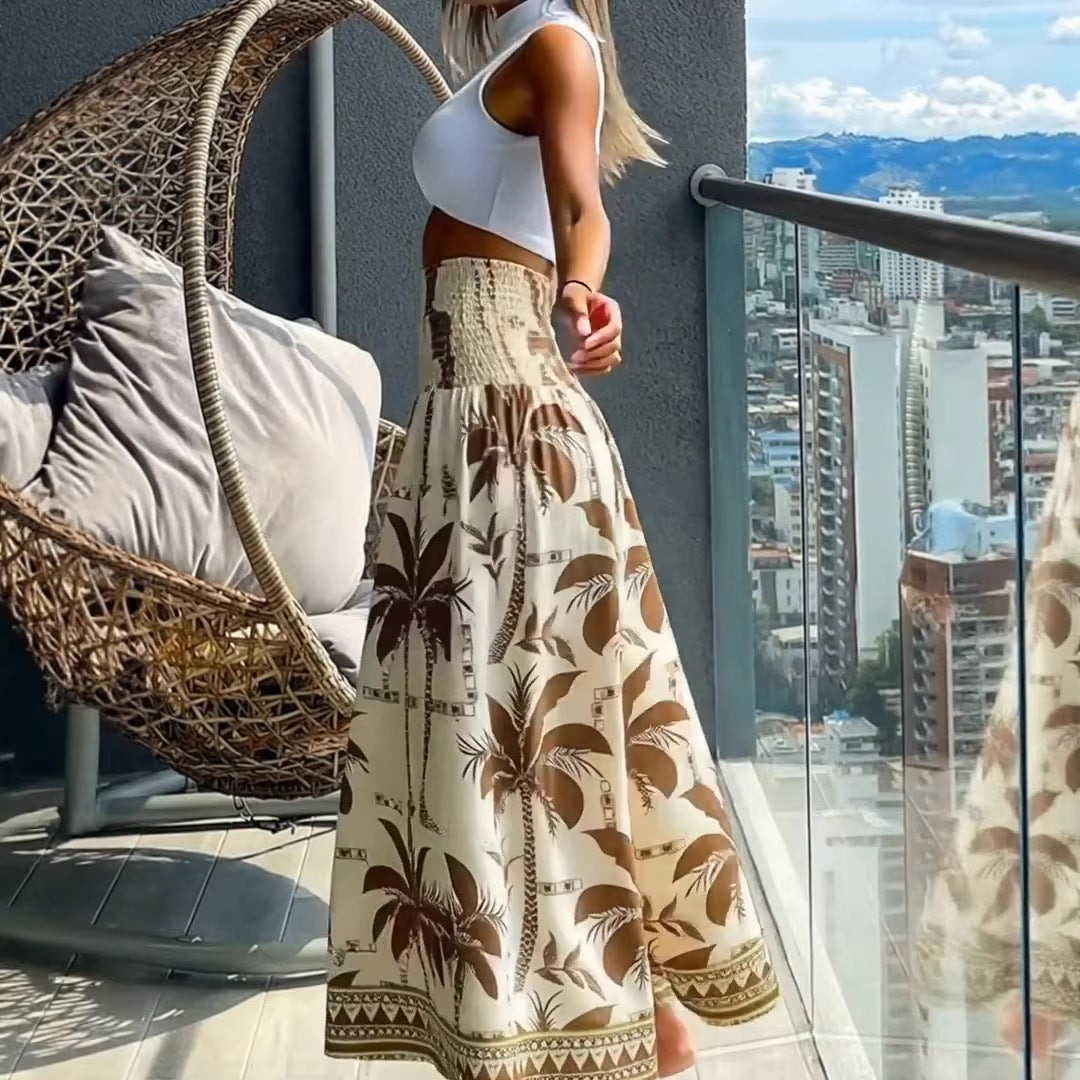 Damen Maxirock mit hoher Smok-Taille und luftigem Boho-Palmendruck Shop Nory