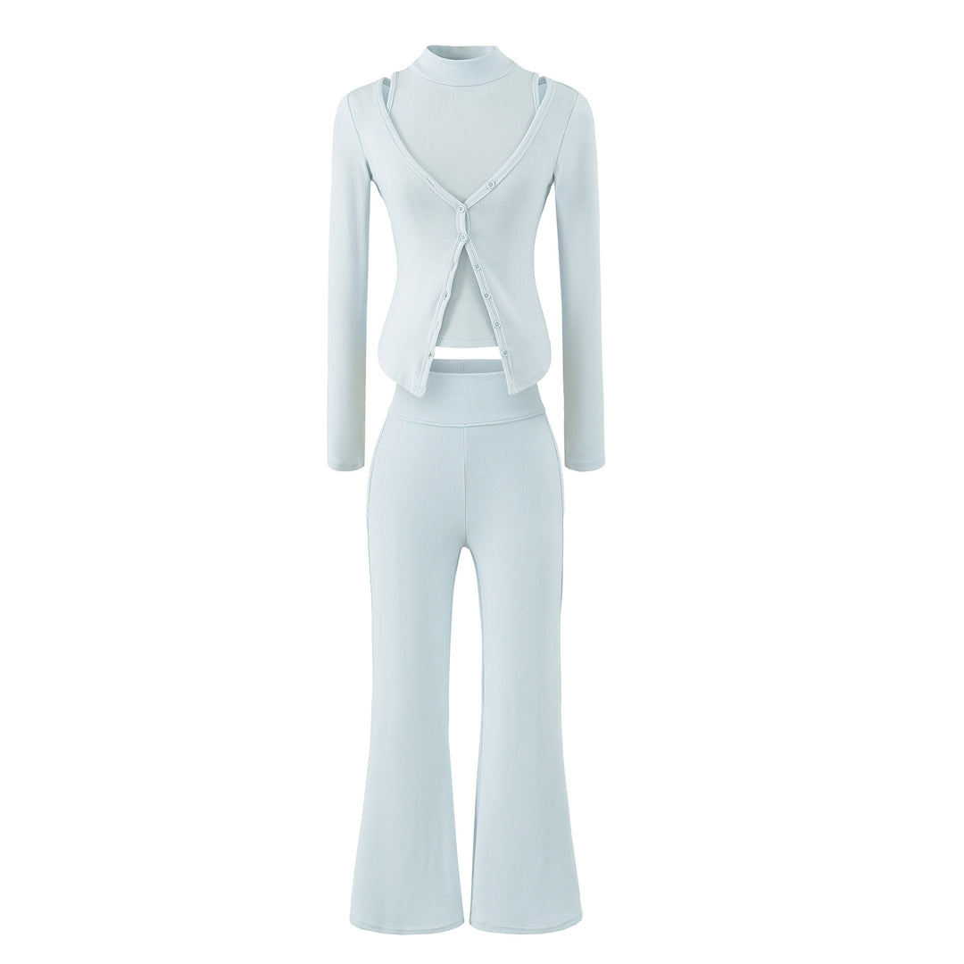 Damen Figurbetontes Layering-Set mit Rollkragen-Longsleeve und asymmetrischer Knopfjacke und ausgestellter High-Waist Hose Shop Nory
