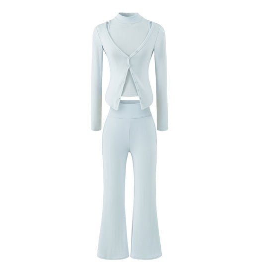 Damen Figurbetontes Layering-Set mit Rollkragen-Longsleeve und asymmetrischer Knopfjacke und ausgestellter High-Waist Hose Shop Nory