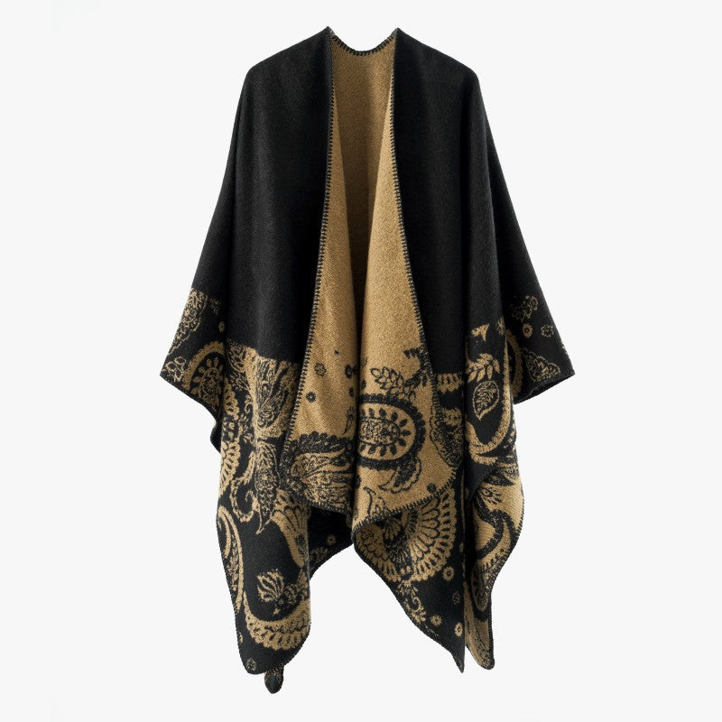 Damen Reversibler Jacquard-Capeponcho aus Wollmix mit Paisley-Motiv und offenem Fall Shop Nory