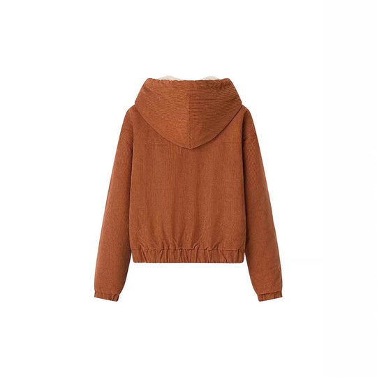 Damen Kurz geschnittene Cordjacke mit Kapuze, Teddyfutter und durchgehendem Reißverschluss Shop Nory